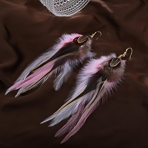 RUOFFETA Long Feather Earrings for Women, Boho Bohemian Earrings Multicolor Tassel Handmade Feather Earrings for Women Dangling - style: Style P