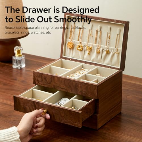 Black Walnut 3 Layer Wooden Jewelry Box Organizer | For Women & Men, Velvet Lining, Earring & Ring Organizer, Large Capacity Drawer Design, For Necklaces & Bracelets - style: 3 layers