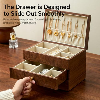 Black Walnut 3 Layer Wooden Jewelry Box Organizer | For Women & Men, Velvet Lining, Earring & Ring Organizer, Large Capacity Drawer Design, For Necklaces & Bracelets - style: 3 layers