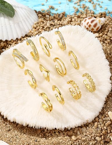 12Pcs Toe Rings for Women - 14K Gold Filled Toe Ring Non Tarnish Adjustable Simple Hug CZ Thin Band Toe Rings Summer Beach Foot Jewelry for Women - style: C-Gold