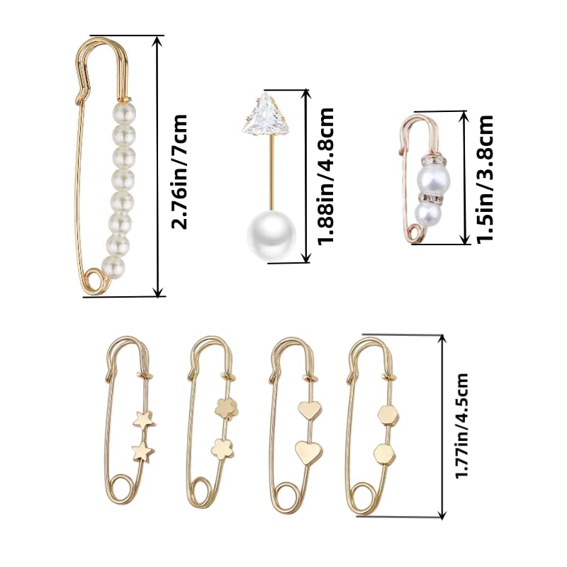 9 Pcs Fashion Pearl Brooch, Safety Pins for Clothes Sweater Shawl Clips Faux Pearl Rhinestones Brooches for Women Pants Extender Safety Pins - color: Gold