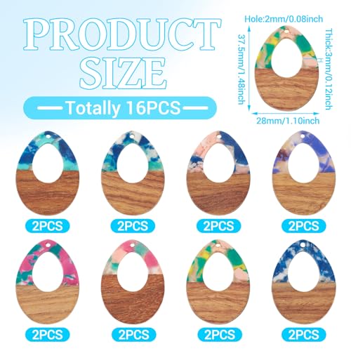 Beadthoven 16pcs/8 Pairs Natural Wood Resin Charms DIY Earrings Pendants Teardrop Geometric Wood Pendants Bohemian Wooden Pieces for Statement Jewelry Making Findings Women Necklaces - color: Chips-Hollow Teadrop