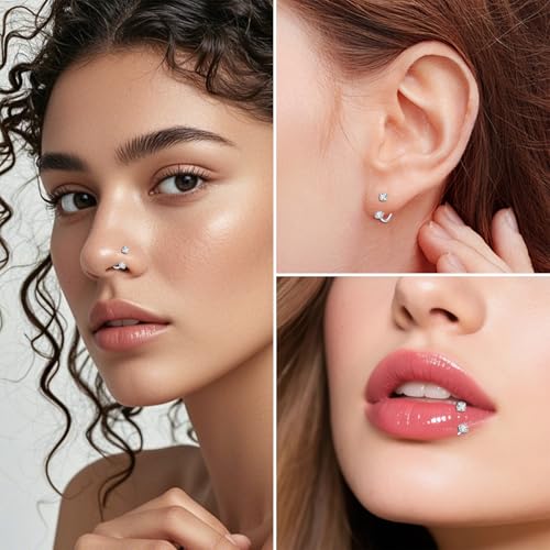 18G 20G Horseshoe Nose Rings Studs with Taper and Grabber | Surgical Steel Nose Ring Pink Cubic Zirconia Nose Piercing,Internally Threaded Nose Rings For Women,Colorful Zirconia - color: Gold-3PCS