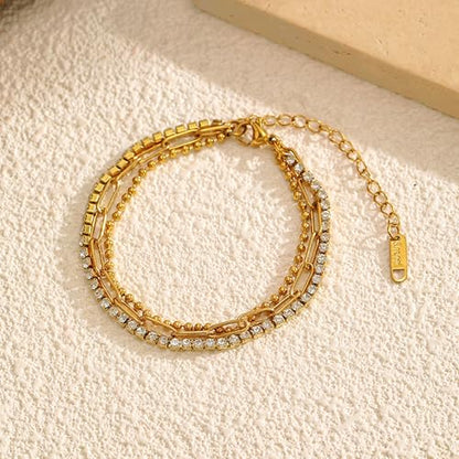 CTRLZTEAM 14K 18K Gold Plated Layered Bracelets for Women Stacked Bracelet | 14K 18K gold plated multi layer bracelets combine distinct chains with single clasp for instant pre-stacked style - style: Integrated 3-in-1 Layered Set