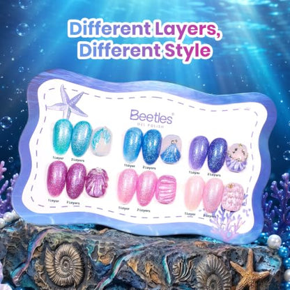 Beetles Glitter Gel Nail Polish Set, Siren Scale Shimmer Gel Polish | 6 Color Blue Pink Purple Colors with Rhinestones for Mermaid-Style Nail Art UV Led Soak-Off Manicure - color: Siren Scales