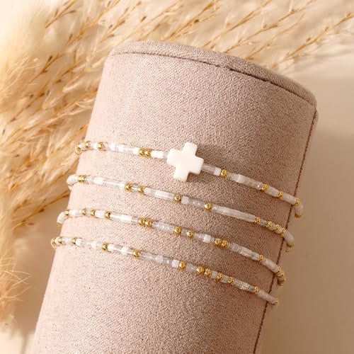 Christian Cross Christmas Stackable Seed Beaded Bracelets for Women, Boho Colorful Healing Stretch Accessories God Christ Pray Faith Amulet Jewelry, Daily Party Holiday Friendship Gift - color: White