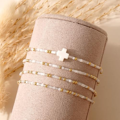 Christian Cross Christmas Stackable Seed Beaded Bracelets for Women, Boho Colorful Healing Stretch Accessories God Christ Pray Faith Amulet Jewelry, Daily Party Holiday Friendship Gift - color: White