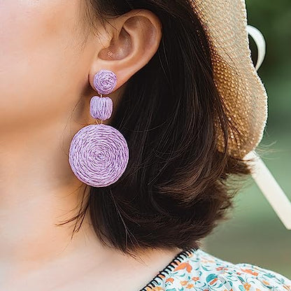 Statement Raffia Boho Round Dangle Ball Earrings - Cute Handmade Summer Bohemian Dangling Jewelry for Women - color: Purple