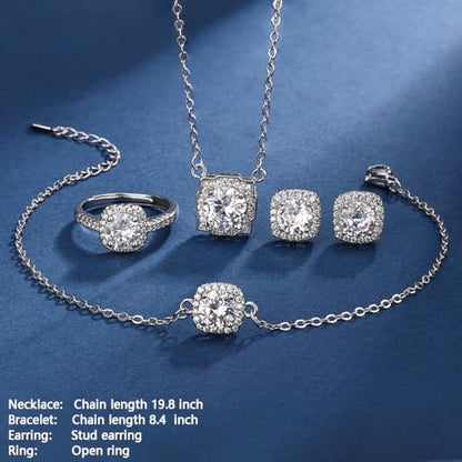 4pcs Cubic Zirconia Wedding Jewelry Sets for Bride Bridesmaid Cubic Zirconia Pendant Necklace Earrings Link Tennis Bracelet Open Ring Set for Women Birthday/Valentine's Day/Mother's Day/Christmas