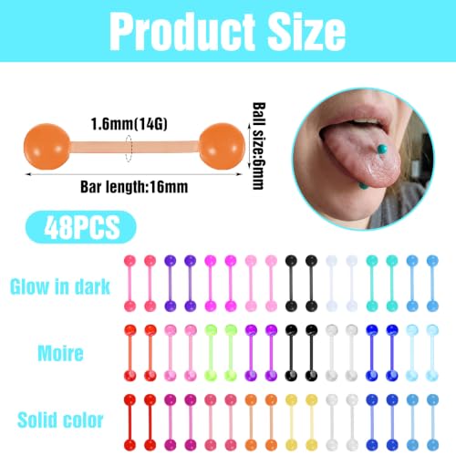 48Pcs Tongue Piercing Jewelry 14G Glow in Dark Acrylic Straight Tongue Rings Flexible Tongues Barbell Candy Color Tongues Rings for Women Men