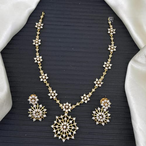 Antique Gold Plated Temple Jewellery Necklace Set with Earrings for Women, Traditional Indian Bridal Necklace Set, South Indian Choker Haram Style Jewellery Set, Ethnic Wedding Party Wear Necklace Set for Women - color: AD-Neck-120