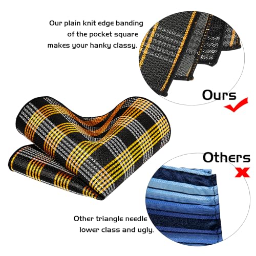 5PCS Mens Silk Tie, Pocket Square, Cufflinks, Drilled Tie Ring and Lapel Pin Set for Wedding Groom Party - color: Gold Plaid Tie Set -186+186