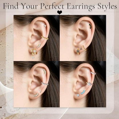 Curved CZ Crawler Ear Climber Cartilage Earrings Silver Stud with Black Cubic Zirconia Helix Conch Tragus Piercing Jewelry