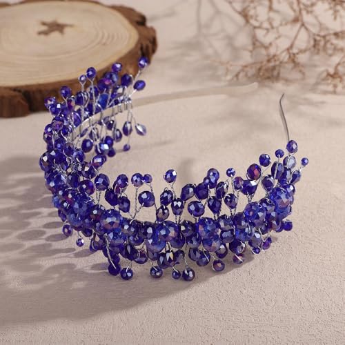 Denifery Large Crystal Headband for Wedding Bridal Hair Band Headpiece for Party Prom Hair Accessories (blue) - color: blue