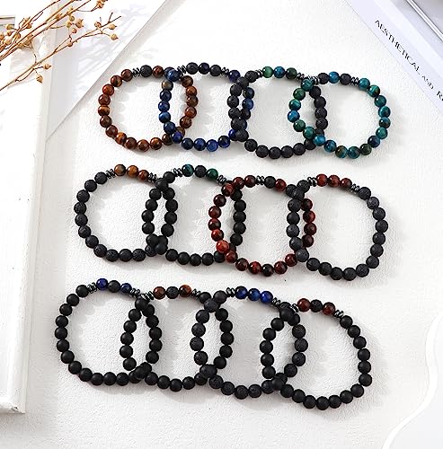 MOZAKA 12Pcs 8mm Natural Stone Lava Rock Beaded Bracelets for Men Women Tiger Eye Hematite Black Onyx Matte Beads Essential Oil Diffuser Lava Stone Bead Bracelets Bulk