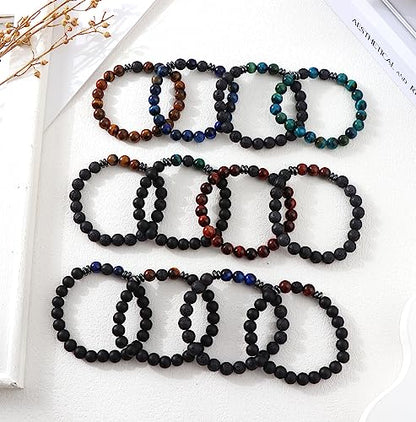 MOZAKA 12Pcs 8mm Natural Stone Lava Rock Beaded Bracelets for Men Women Tiger Eye Hematite Black Onyx Matte Beads Essential Oil Diffuser Lava Stone Bead Bracelets Bulk