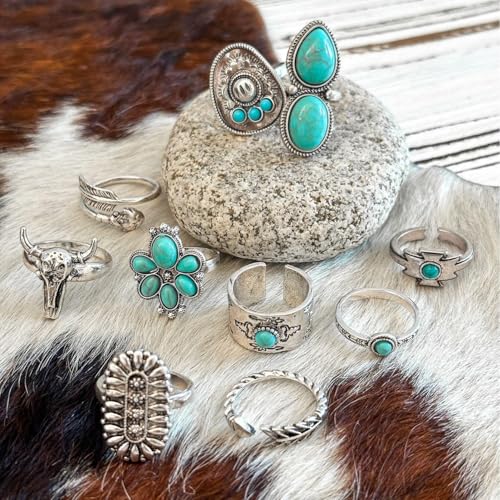 Airvess Vintage Knuckle Rings Set, Chunky Turquoise Stackable Rings, Silver Joint Finger Stacking Rings, Bohemian Western Jewelry for Women - style: 10 Pcs