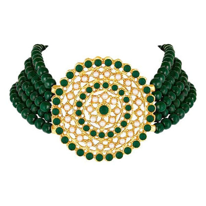 Aheli Pearl Diamond Choker Necklace & Round Earrings Gift for Women Indian Traditional Bollywood Fashion Bharatanatyam jewellery set - color: Green 1