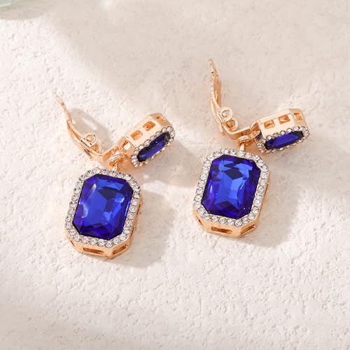 YINLI Austrian Crystal Square Shape Dangle Drop Clip on Earrings for Women - color: Blue,Gold