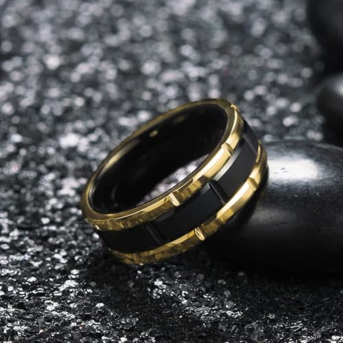 (8mm) Unisex or Men's Tungsten Carbide Wedding Ring Band. Black and Yellow Gold Brick Pattern Comfort Fit Grooved Ring. - size: 11