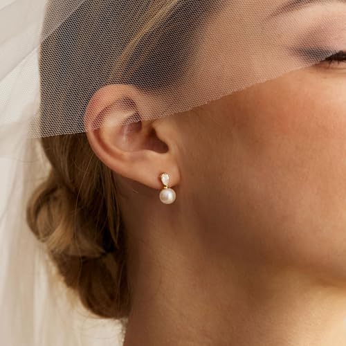 Pearl Earrings for Women:Gold Wedding Dangle Drop Earring Pearl Jewelry | 14K Gold Plated Pearl Drop Earrings for Women,Dainty Wedding Bride Earring Studs,Gold Dangle Drop Earring,Waterproof Jewelry - size: 1 pcs-2