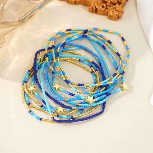 Gold Beaded Bracelets Stack for Women Stocking Stuffers 12PCS Boho Gold Plated Seed Beads Bracelet Stretch Star Stackable Accessories Jewelry Friendship Fall Christmas Gifts for Women - color: Blue
