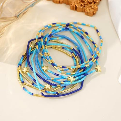 Gold Beaded Bracelets Stack for Women Stocking Stuffers 12PCS Boho Gold Plated Seed Beads Bracelet Stretch Star Stackable Accessories Jewelry Friendship Fall Christmas Gifts for Women - color: Blue