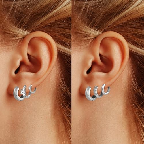 Wgoud Small Gold Hoop Earrings Set for Women, 6 Pairs 14K Gold Plated Hypoallergenic Lightweight Huggie Hoops Earrings, Trendy Cartilage Cubic Zirconia Earrings for Women Gifts. - color: C-Silver hoops