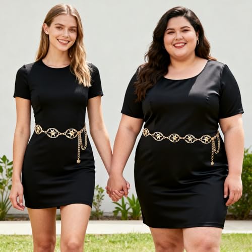 LIMHOO Women's Metal Waist Chain Belts Gold Silver Link Belt for Dresses - color: Star Gold, size: M: Length 120cm/47.2in