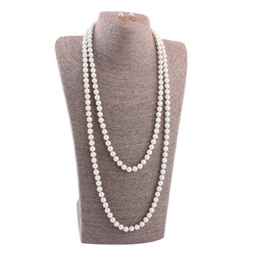 Handmade Faux Pearl Necklace and Clip on Earrings Jewelry Sets for Women Bib Choker Collar Necklace - color: 140cm White Necklace+Clip Earrings