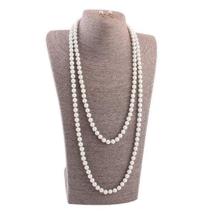 Handmade Faux Pearl Necklace and Clip on Earrings Jewelry Sets for Women Bib Choker Collar Necklace - color: 140cm White Necklace+Clip Earrings