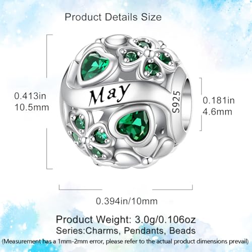 HappyStar 925 Sterling Silver Four Leaf Clover Bead Charm with Cubic Zirconia Birthstone Charms for Bracelets Dangle Pendant Compatible Pandora Bracelets Lucky Charm Birthday Gift - color: 5-May Birthstone Bead