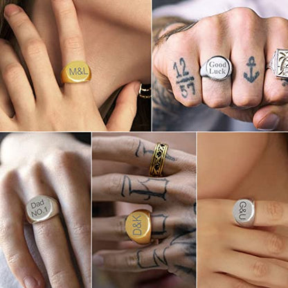 GoldChic Jewelry Personalized Signet Rings Men Women, Stainless Steel Custom Photo Bold Square/Oval Monogram/Old English Initial Pinky Stacking Statement Ring in Black/Silver/Gold (Size 7-14) - color: Steel-Customized -Round