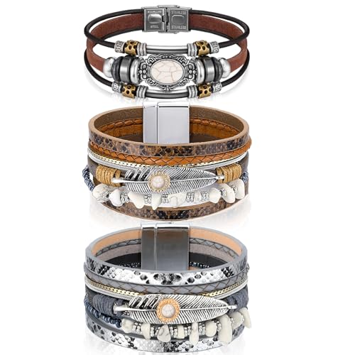 Inbagi 3 Pcs Western Turquoise Jewelry for Women Native American Jewelry White Turquoise Bracelet Bohemian Multi Layer Faux Leather Cowgirl Bracelet for Girls Women Silver Cuff Bangle - style: Gentle