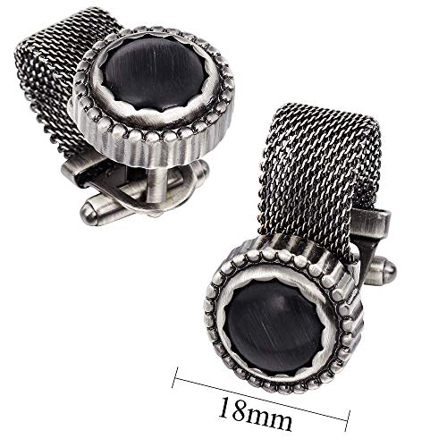 HAWSON Mens Cufflinks with Chain - Stone and Shiny Gold Tone Shirt Accessories - Party Gifts for Young Men - color: Antique Silver Color+Black Cats Eye