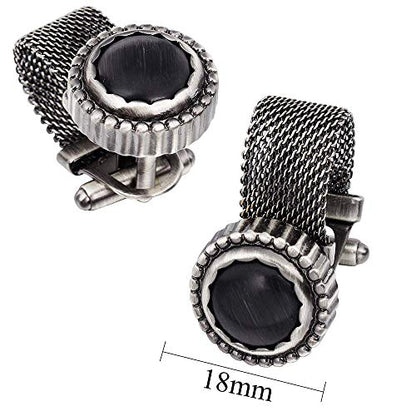 HAWSON Mens Cufflinks with Chain - Stone and Shiny Gold Tone Shirt Accessories - Party Gifts for Young Men - color: Antique Silver Color+Black Cats Eye