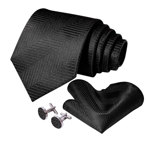 5PCS Mens Silk Tie, Pocket Square, Cufflinks, Drilled Tie Ring and Lapel Pin Set for Wedding Groom Party - color: Black Striped Tie Set -130