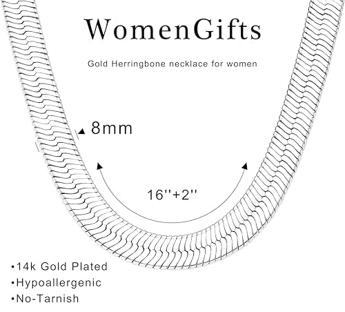 WomenGifts 14K Gold Silver Plated Herringbone Necklace for Women, Dainty Snake Chain Choker, Trendy Simple Long Layered Jewelry Non Tarnish, 3/4/5/8mm,14,16,18,20,22,24,26 Inch Thin & Chunky Options - color: Silver, style: 8mm-16inch