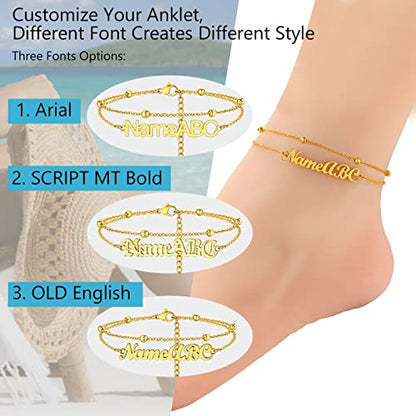 PROSTEEL Trendy Handcuffs Design/Customize Words Ankle Bracelet For Women, 316L Stainless Steel Anklets Silver/Gold/Black Tone, Hypoallergenic, Come with Box - style: 05 Customize-Bead Chain(8.5"-10.5")-Luxury Gold