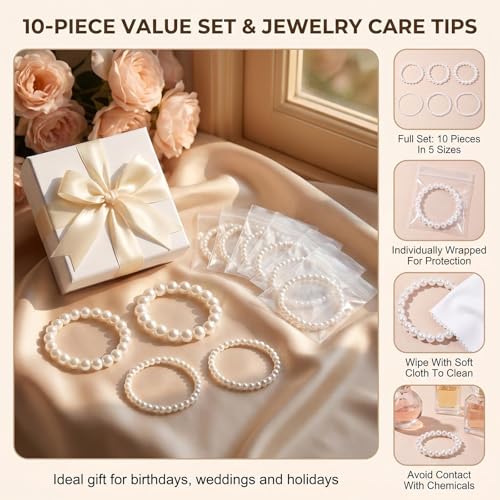 QUUPY 10Pcs White Faux Pearl Bracelets Set, 5 Sizes Stackable Elastic Beaded Bracelets, Elegant Jewelry for Bridal, Wedding, Bridesmaid, Party, Daily Wear and Gifts