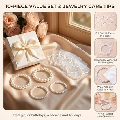 QUUPY 10Pcs White Faux Pearl Bracelets Set, 5 Sizes Stackable Elastic Beaded Bracelets, Elegant Jewelry for Bridal, Wedding, Bridesmaid, Party, Daily Wear and Gifts