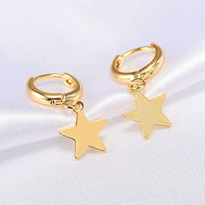XYJZXY Gold Huggie Small Hoop Earrings with Charm Personalized Snake/Evil Eye/Star/Cross/Lock/Key 18k Gold Plated Crystal Drop Dangle Earrings for Women - style: Star