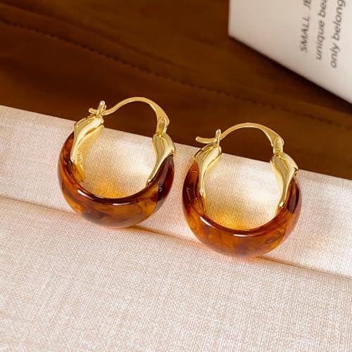 18K Gold Plated Chunky Hoop Earrings with Amber Resin Accent, Retro Teardrop Huggie Earrings for Women, Lightweight Statement Jewelry
