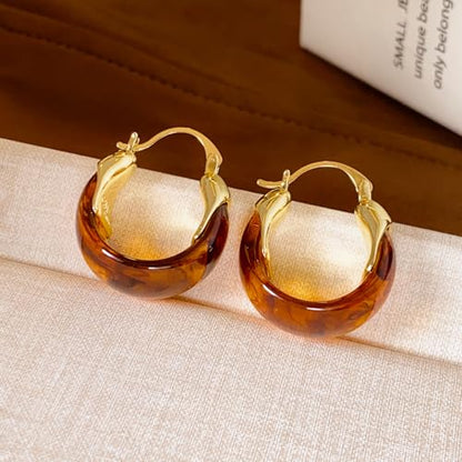 18K Gold Plated Chunky Hoop Earrings with Amber Resin Accent, Retro Teardrop Huggie Earrings for Women, Lightweight Statement Jewelry