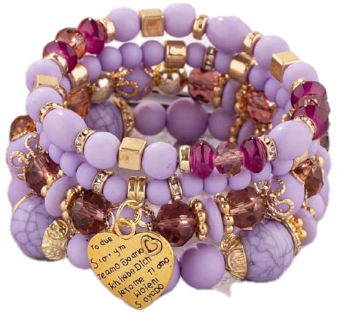 Women Beaded Bracelet Set | Colorful Boho Stackable Trendy Design with Crystal Accents Multilayer Bangle Bracelet | Fashion Stretch Braclets Jewelry for Women - color: Brown