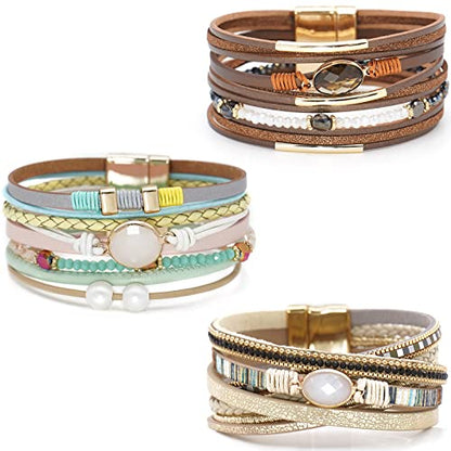 Leather Wrap Bracelet Set 3Pack Wrist Cuff Bracelet for Women Multilayer Magnetic Clasp Bracelet Feather Tree Bead Crystal Bracelet - color: Bead Colorful