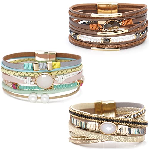 Leather Wrap Bracelet Set 3Pack Wrist Cuff Bracelet for Women Multilayer Magnetic Clasp Bracelet Feather Tree Bead Crystal Bracelet - color: Bead Colorful