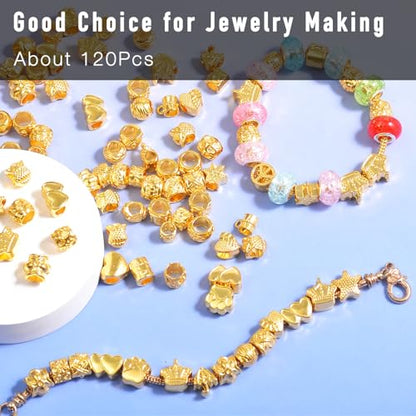 120Pcs Large Hole Metal Spacer Beads for Jewelry Making, Silver & Gold Plated Findings for Bracelet, Large Hole & Mixed Style (Gold Plated) - color: 120Pcs Gold