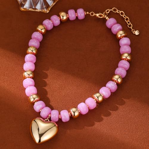 Resin Chunky Colorful Beaded Necklace | Adjustable Boho Statement Necklace,Summer Beach Party Jewelry - color: Heart-Pinkish-purple
