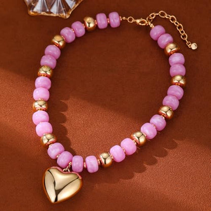 Resin Chunky Colorful Beaded Necklace | Adjustable Boho Statement Necklace,Summer Beach Party Jewelry - color: Heart-Pinkish-purple